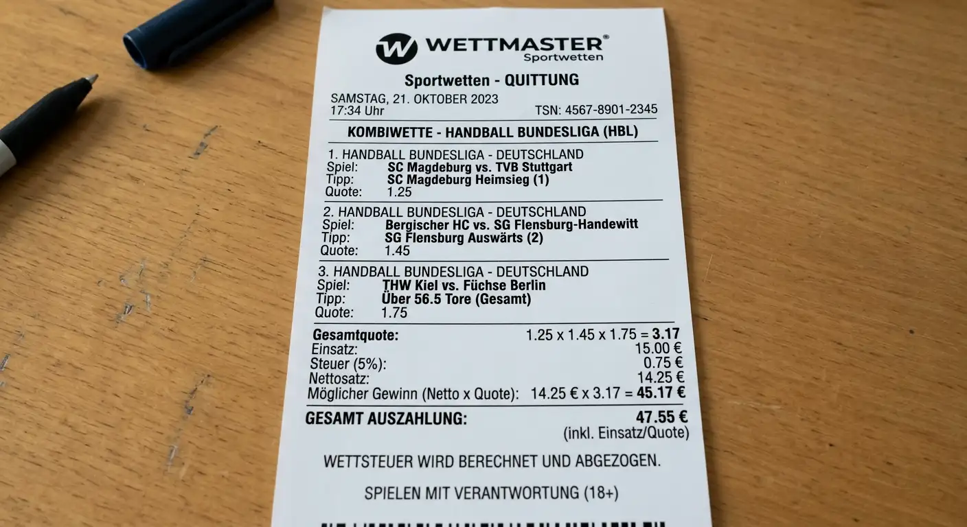 Quotenbeispiel für eine HBL-Dreileger-Kombi mit Gesamtquote 3,17 und Gewinnberechnung
