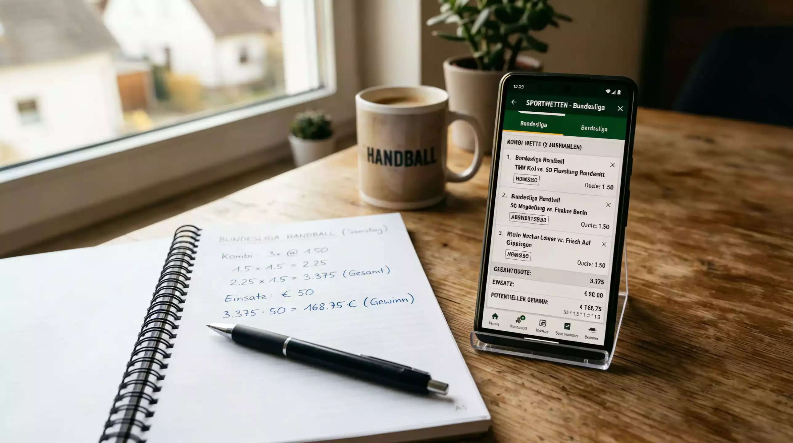 Handball-Wettschein mit drei kombinierten Tipps auf einem Smartphone-Display