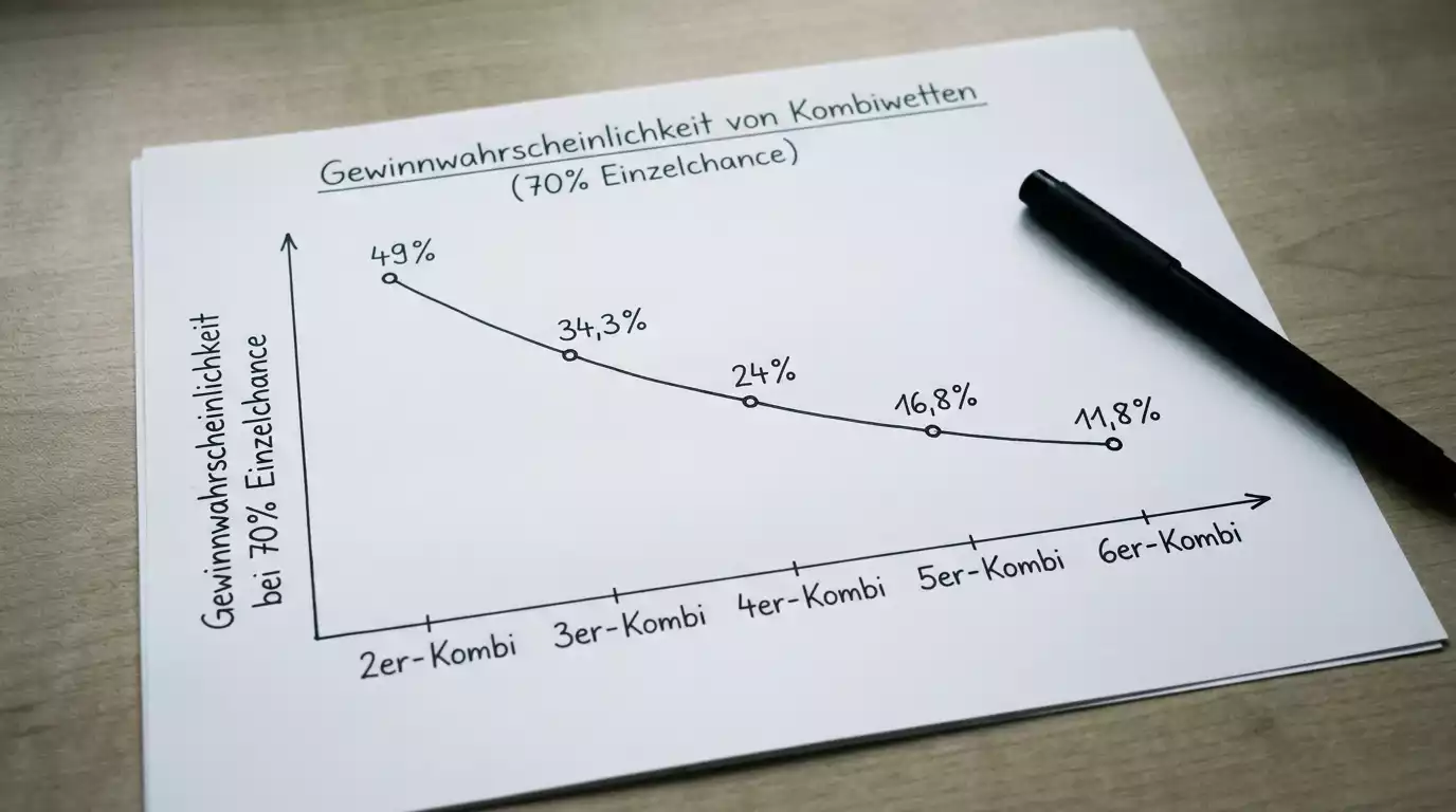 Grafik zeigt sinkende Gewinnwahrscheinlichkeit bei Handball Kombiwetten von 2er bis 6er Parlay