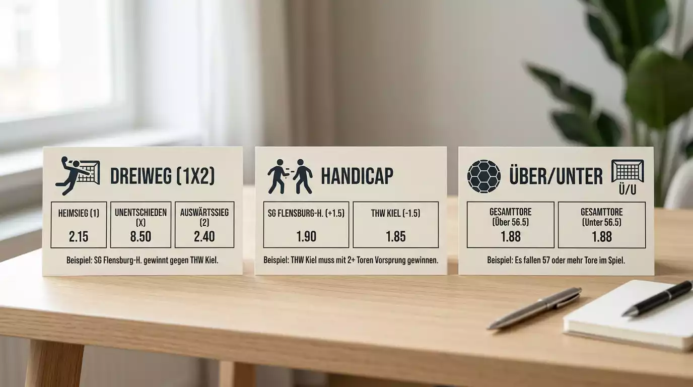 Übersicht der wichtigsten Handball Wettmärkte für Kombiwetten: Dreiweg, Handicap und Über/Unter