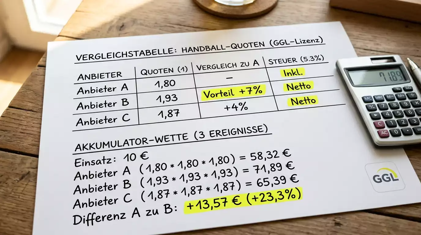 Quotenvergleich für Handball Kombiwetten zwischen mehreren GGL-Anbietern: Beste Quote pro Leg für Parlay