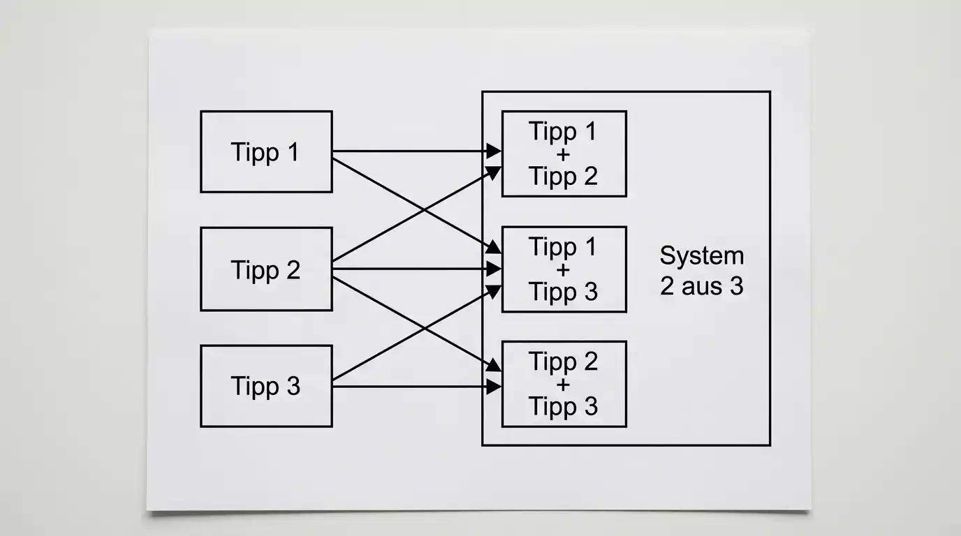 Schematische Darstellung einer 2-aus-3-Systemwette beim Handball mit drei Bundesliga-Tipps