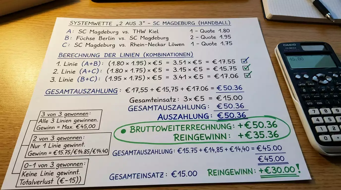 Rechenbeispiel 2-aus-3 Handball Systemwette mit drei Bundesliga-Picks und drei Szenarien