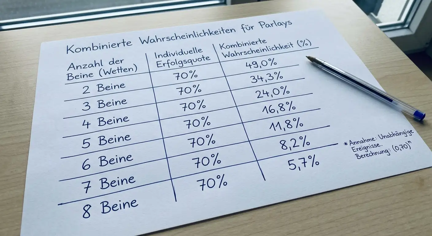 Tabelle: Gewinnwahrscheinlichkeit bei Handball-Kombiwetten von 2 bis 8 Legs bei 70 Prozent pro Tipp