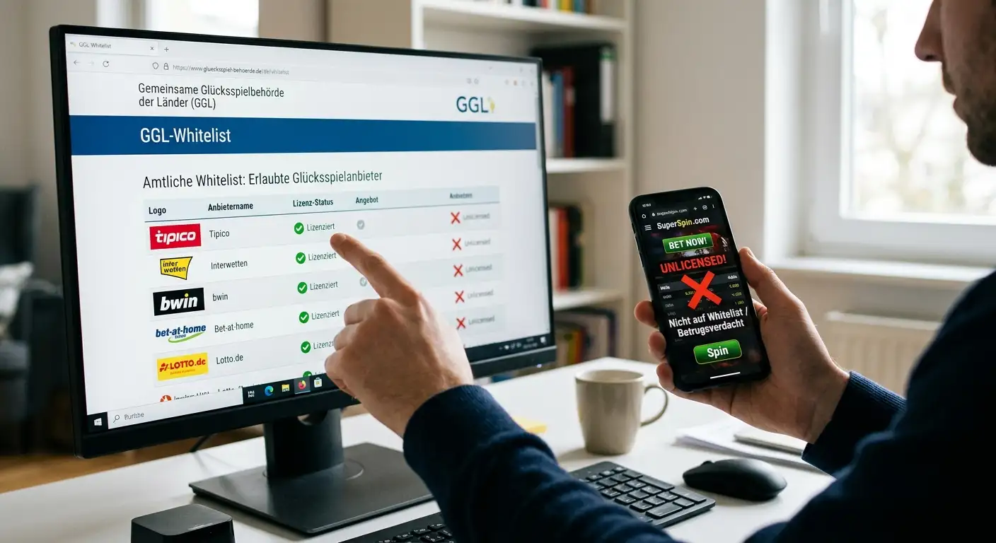 Schwarzmarkt Buchmacher erkennen Warnsignale: GGL-Whitelist Prüfung und Hinweise auf illegale Sportwetten-Anbieter