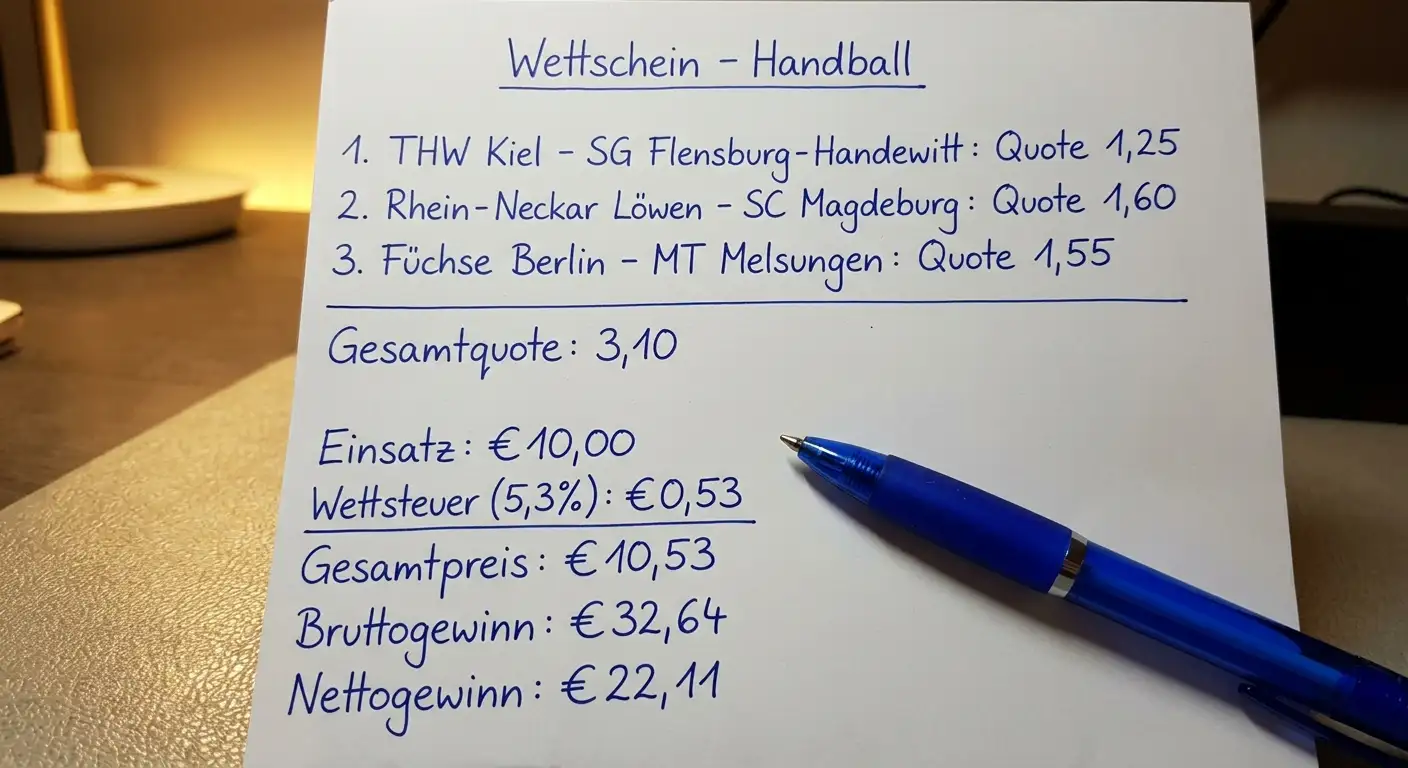 Rechenbeispiel Wettsteuer auf Handball-Dreileger-Kombiwette — Bruttogewinn und Nettoauszahlung